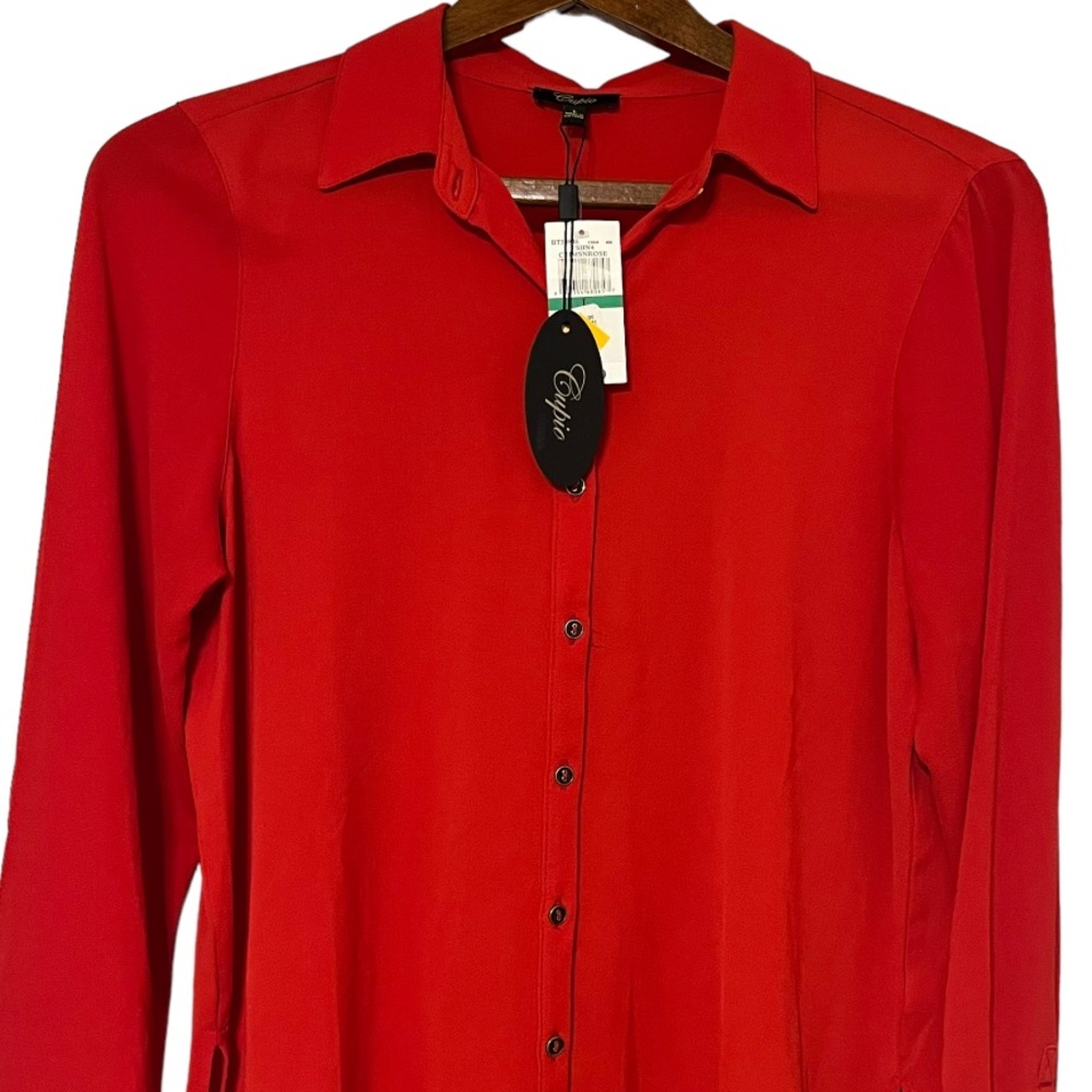 Cupio Red Button-Front Long Sleeve Tunic Blouse - Picture 3 of 11